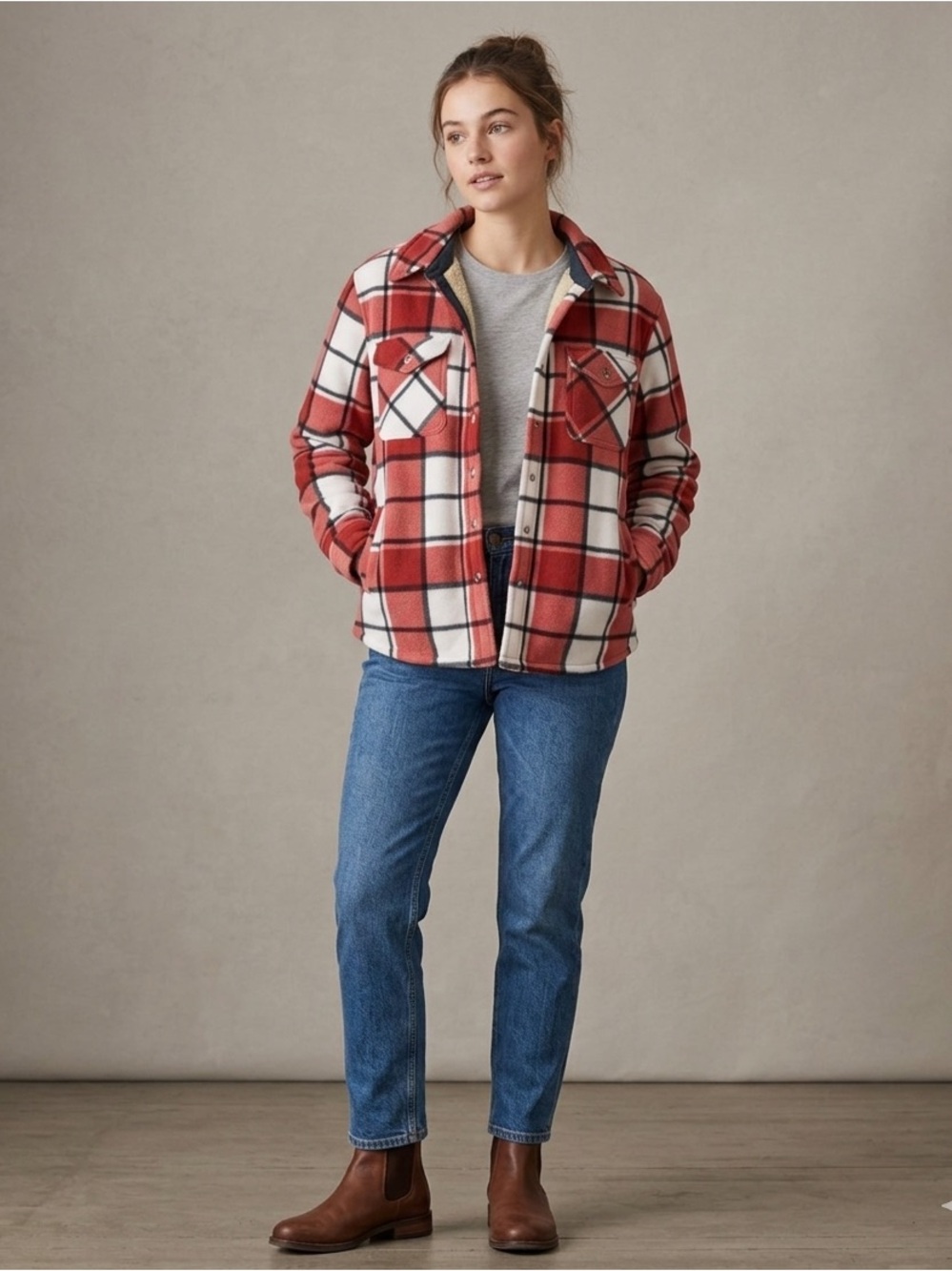 Red and White Plaid Sherpa-Lined Button Jacket